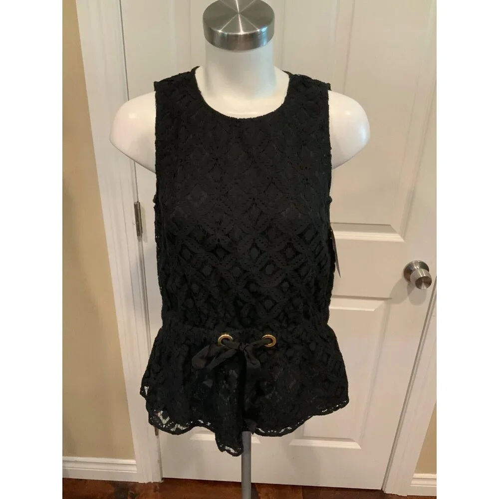 Michael Michael Kors Black Floral Lace Peplum Tank Top, Size Small